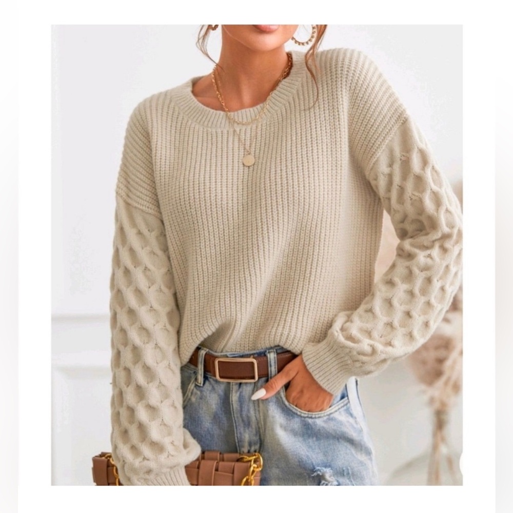 Cupshe Long Sleeve Honeycomb Knit Pullover Sweater Beige SzS  MintCond PriceFirm